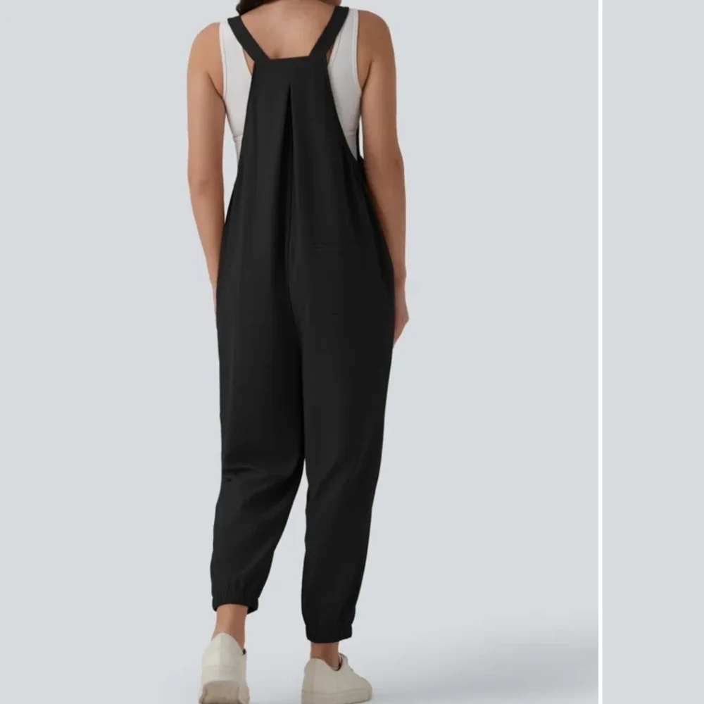 Halara Waffle Casual Maternity Jogger Overalls with Pockets medium black - Picture 2 of 12